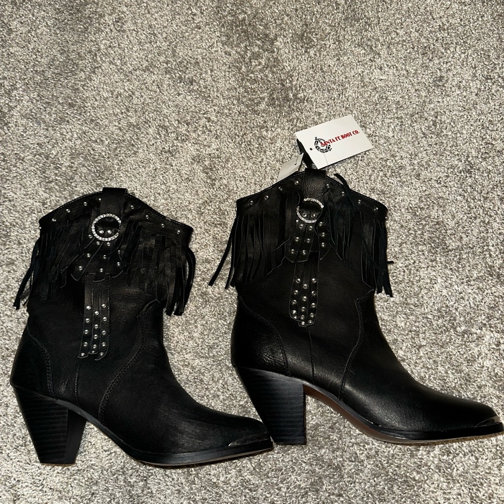 Santa Fe Boot Co Black Rhinestones Fringe Heeled Boots Size 8M - Picture 3 of 10